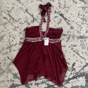 NWT Vintage “New Look” Mesh Beaded & Sequin Halter Burgundy Top